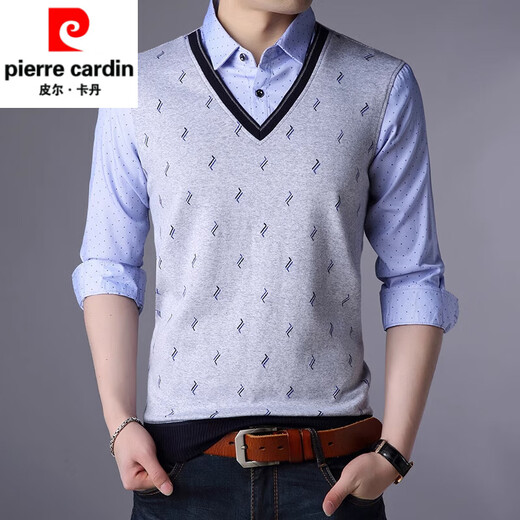皮尔卡丹（pierre cardin）2025新款男士纯棉假两件衬衫加绒加厚春秋季保暖上衣 3879蓝色 M 165