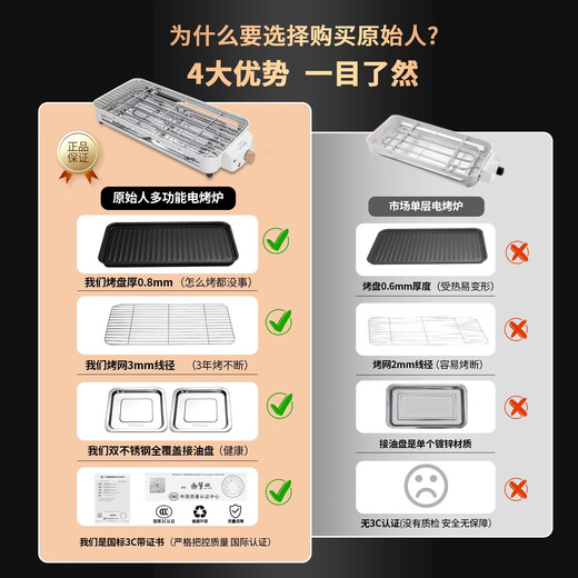 Primitive electric barbecue stove, household smokeless barbecue machine, indoor barbecue grill, electric grill pan, skewers, multi-functional electric grill pan, upgraded white oven + grill net + frying pan