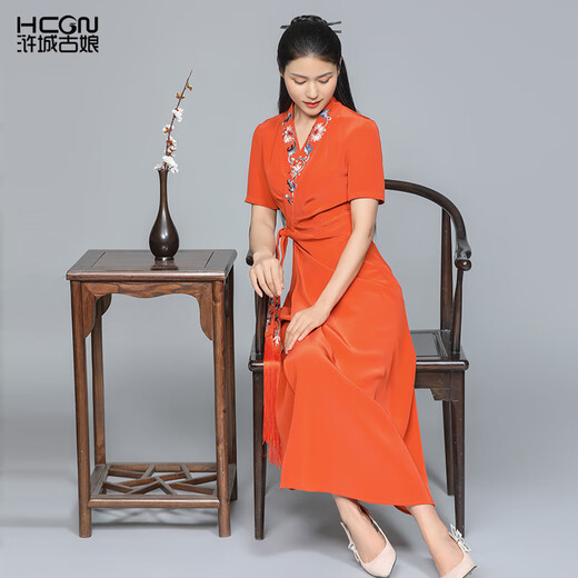 Hucheng Gu Niang Sommer High-End Light Luxury Chinesischer Stil Damen Essigsäure Taille-Hub-Langrock Futai Kleid BMT11303 Orange S