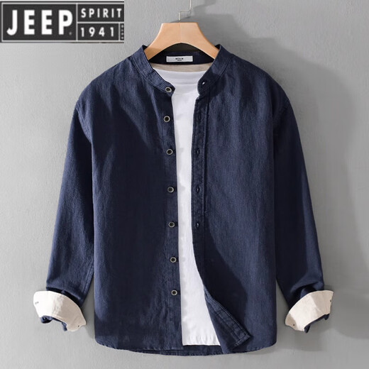 Jeep Spirit Men's Men's Linet Long à manches à manches japonais Collier de support décontracté chinois Spring et automne Coton et Linette de chemise de coton 9896 Grey-Green XL 135Jin [Jin est égal à 0,5 kg]