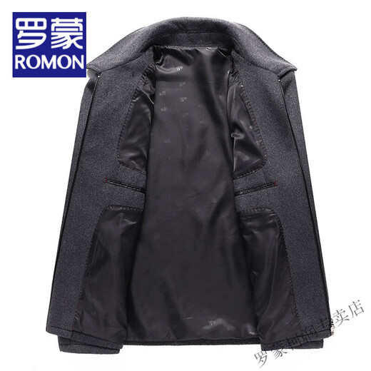 罗蒙（ROMON）2024新款羊毛毛呢外套男士秋冬季加厚翻领中年男士夹克呢子上衣 黑色 3XL 190