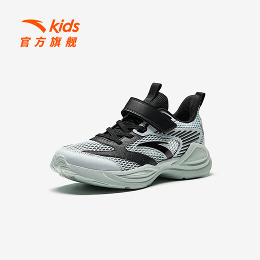 安踏儿童运动鞋男大童鞋2025春夏新品网面透气魔术贴校园学生临风跑鞋 【男透网】云灰色/黑5566-3 33