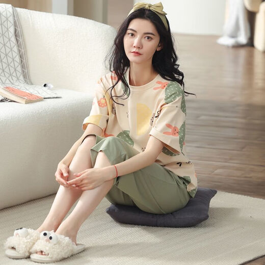 莫代尔睡衣女夏天纯棉短袖七分裤夏季薄款可外穿夏款女士家居服套装 CY9755MF7050 XL [建议体重120-140斤]