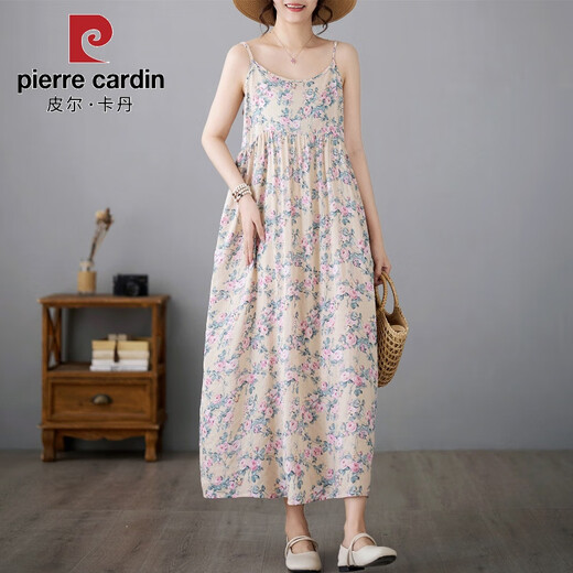 Pier Cardin Small Fresh and Literary Cotton Linen rétro petite robe florale mi-longueur grande jupe sans manches minces respirant 693 Green M