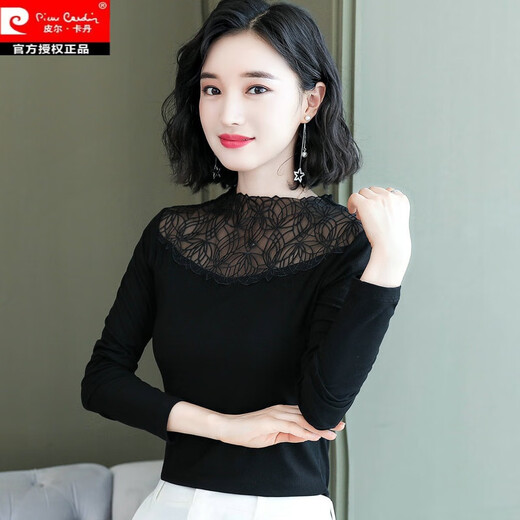 皮尔卡丹黑色洋气打底衫女长袖薄款修身小衫春秋装新款内搭立领蕾丝上衣 7027黑 波点多边形领长袖 均码 (90斤-135斤)