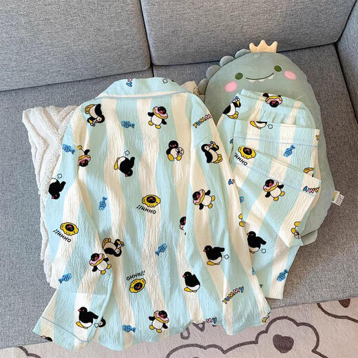 惠奴比2025年新款企鹅睡衣女长袖长裤春秋款ins日系可爱卡通家居服夏季 3524#皱布双长企鹅 y23 M 75-100斤