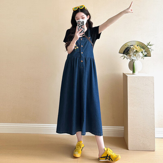 苒琦妈咪孕妇连衣裙套装时尚洋气时髦宽松牛仔遮肚背带裙两件套2025新款夏 黑色T恤+牛仔背带裙【两件套】 XL