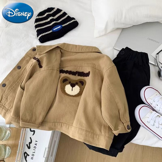 Chaqueta de Disney Boys Spring y Autumn 2025 New Children's Bear Jackets, pequeños y medianos tops casuales de niños, caqui oso 90