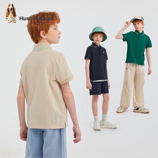 Hush Puppies quick-drying children's clothing for boys and girls in summer, handsome, simple, contrasting colors, holiday style, casual POLO short sleeves, navy blue 130