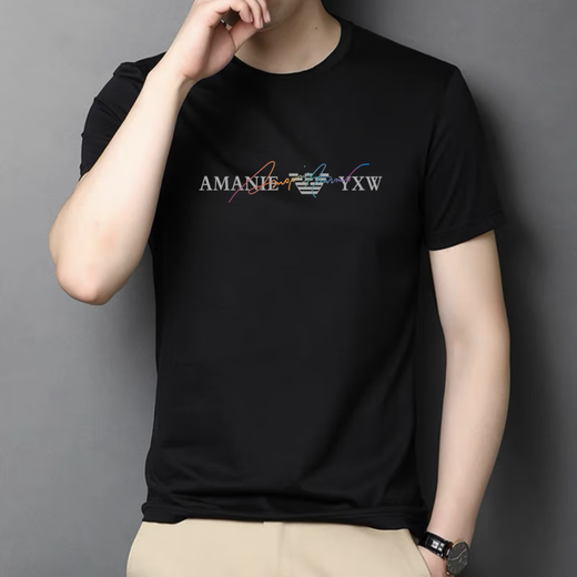 法莱阿玛尼;FALAMONE阿玛尼夏季纯棉短袖t恤男大码宽松休闲男士半袖印花打底衫 AM723短袖白色 纯棉款 S 建议80-100斤