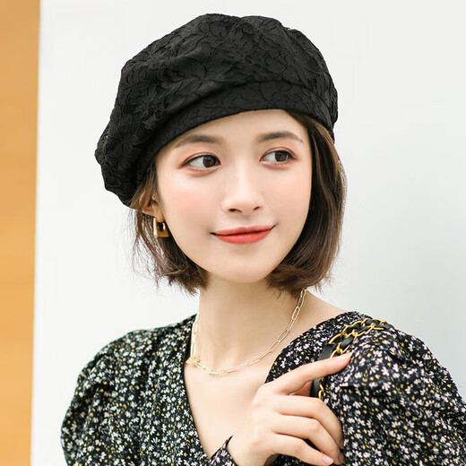 慕麦昆帽子女新款夏季薄款蕾丝贝雷帽女轻薄透气防晒帽女英伦复古八角帽 酒红色 均码