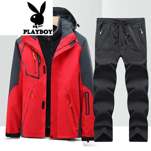 花花公子（PLAYBOY）夹克外套男秋冬季防风冲锋款衣裤套装男三合一两件套登山服 MK-1203黑色+8369黑色 XL 建议140-160斤
