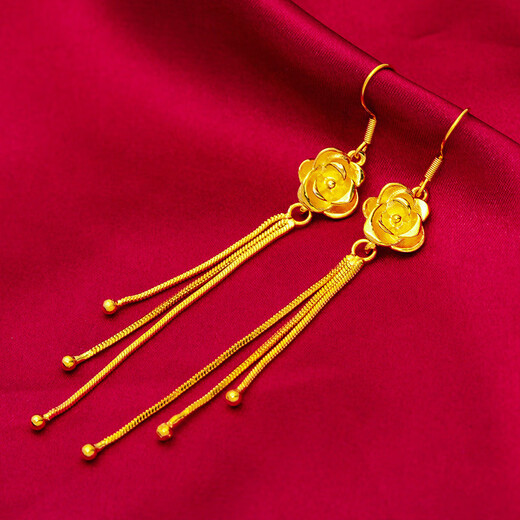 GRAYCEWODY Old Phoenix 999 Gold Rose Earrings Women's 24K Pure Gold Long Tassel Earrings Middle-aged Earrings 0.01g Old Phoenix Gold Store Style Rose Flower Earrings