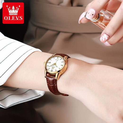Olevs Marca Matrícula Mujer Mecánica Matrimonio Simple Watch Women's Womenus Luminoso Hollow Diamond Fashion Watry's Watch Olevs-6629 Surfán de cuero marrón mujer de cuero marrón