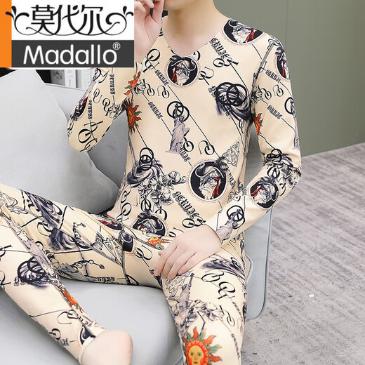 Modal Winter German Velvet Thermal Underwear Men's Suit Plus Velvet Thickened Autumn Clothes and Autumn Pants Trendy Brand Printed Slim Bottoming Shirt Khaki L (85-109Jin Jin is equal to 0.5kg)