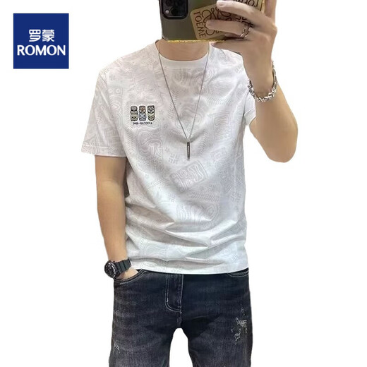 罗蒙（ROMON）t恤男士短袖男夏季短袖T恤新款潮流满印休闲上衣服体恤打底衫男装 829短袖灰色 XL