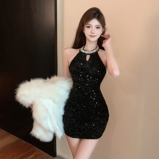 忆静萱（YIJINGXUAN）夜店  法式气质甜美挂脖连衣裙露背包臀小个子亮片礼服短裙 黑色 S 85-95斤