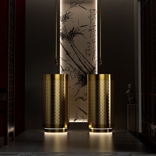 Neue Chinese-Stahl-Stahl-Säulenbecken-Villa-Badezimmer-Säulen-Waschbecken Zylindrisches Basin integriertes bodenbestandes Waschwassin Golden 3883 Quadratmustern-Zylindrische Becken
