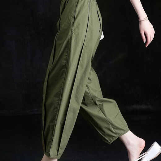 Coton Zimu et lin 2025 Vêtements printemps et été pour femmes, pantalon décontracté à neuf points, pantalon de fleur de harun lâche, mince, taille haute, pantalon de carottes polyvalents, 6636 Green militaire L (recommandé 115-125 Jin [Jin est égal à 0,5 kg]))