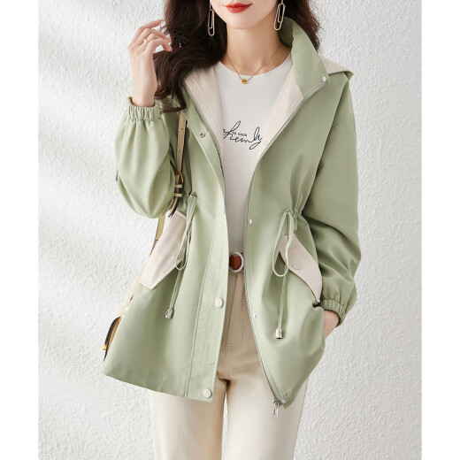 
Shangjing Spring and Autumn Trench Coat for Women Mid-Length Small Hat Waist Hooded Contrast Color Versatile Commuter Jacket Green M