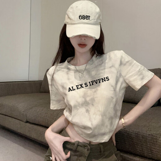 
Lingkaqi's straight shoulder letter printing tie-dyed short sleeve retro high waist slim fit and sexy girl design short top tie-dyed white elegant 6196 L 110-125