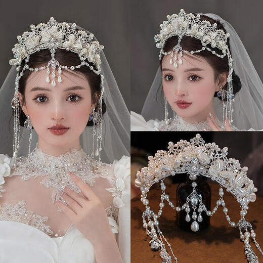 Princess Shiyun Bride’s Noble Crown Headdress 2025 New Style Heavy Industry Korean Crystal Eyebrow Pendant Wedding Crown Meet Headband + Ear Clip