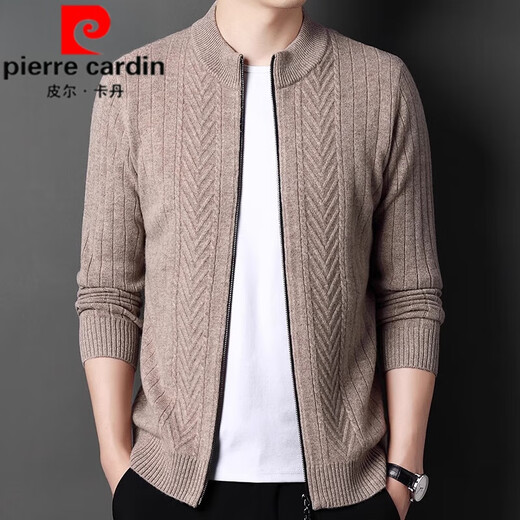 Pierre Cardin half-high zipper collar men's pure cashmere cardigan thickened jacquard middle-aged knitted cardigan casual knitted jacket 15212 floral camel S 165 suitable 90-120Jin Jin equals 0.5 kg