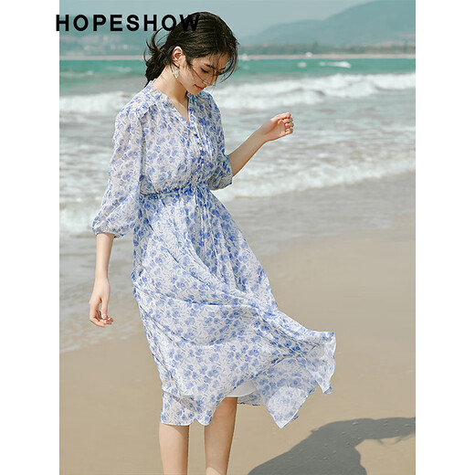
Red sleeves Outlet summer new women's printed waist-hugging V-neck pullover chiffon dress with white background blue flower 674 L