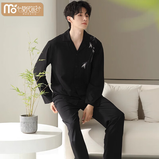 Pajamas modal Spring and Automne Coton Pure Coton Long Menc Men Plus taille de style chinois Bamboo Black peut être porté à l'extérieur des vêtements maison 753 xl: Convient pour le poids 140-160 Jin [Jin est égal à 0,5 kg]