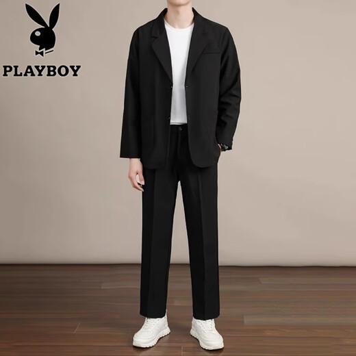 Playboy business draped casual suit suit men's loose Korean style jacket spring, autumn and winter handsome handsome suit jacket black trousers suit XL size 140-155Jin Jin is equal to 0.5 kg