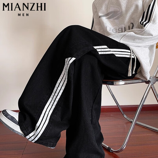 Cotton American Retro Side Striped Wide-Bein-Jeans für Männer losen Herbst und Winter neuer Casual Hosen Trend K1047 Blau [hohe Qualität 35] L 105-120jin [Jin entspricht 0,5 kg]