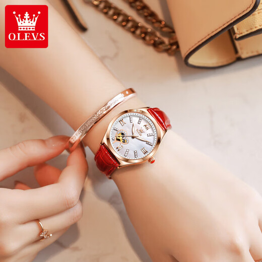 OLEVS Swiss certified brand watch women's fully automatic mechanical watch fashion temperament women's watch hollow women's watch gift OLEVS-6636-red skin white face