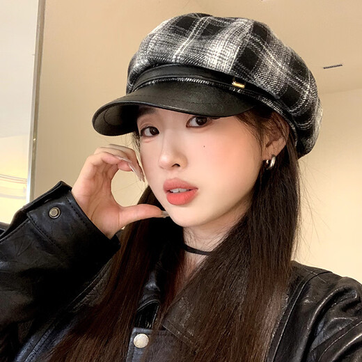 哈邦熊新款八角帽子女春秋季韩版百搭鸭舌贝雷帽英伦风显脸小画家 E-719黑色毛呢圆标八角帽