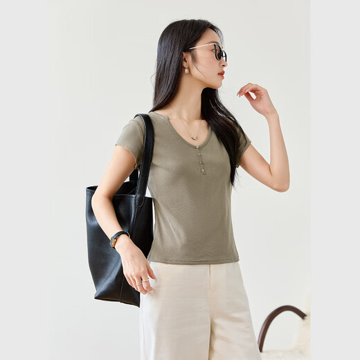 Vanciman Feste Farbe U-Neck Kurzärärmelte T-Shirt für Frauen im Sommer 2025 Neu einfaches und vielseitiges Schlankes Fit Top M9731 Grey-Green L.