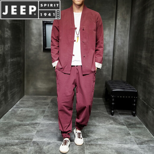 Jeep Spirit Herren Frühling und Herbst neuer chinesischer Stilanzug neuer chinesischer Tang Anzug Casual Button Hanfu Lose Hemd Zwei-teilige Set hellgrau 4xl