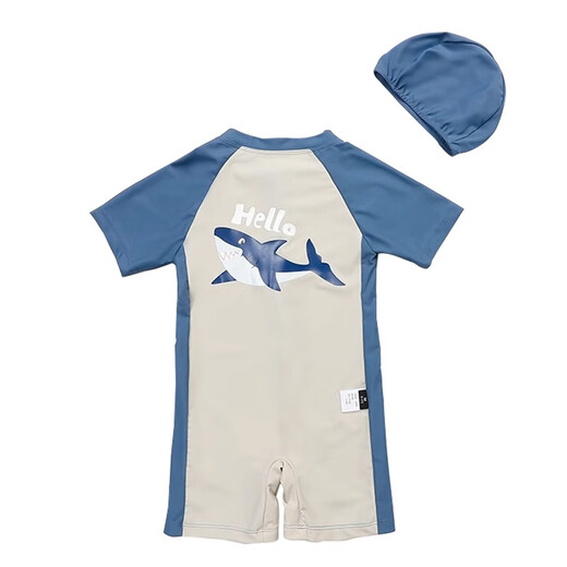 Xinnan Children's one-piece short-sleeved swimsuit boy's summer anti-cut shark sun drying fast-drying children's beach vacation set Cute shark size L [height 90-100CM] 100