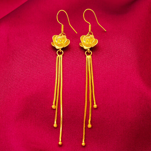 GRAYCEWODY Old Phoenix 999 Gold Rose Earrings Women's 24K Pure Gold Long Tassel Earrings Middle-aged Earrings 0.01g Old Phoenix Gold Store Style Rose Flower Earrings