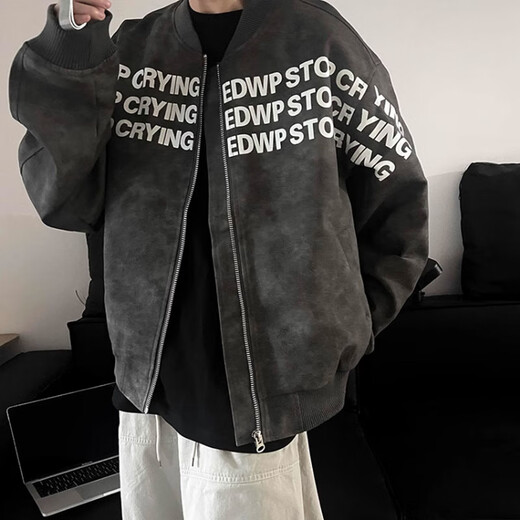 7 Cartas de alta calidad Jacket de uniforme de béisbol gris estampado otoño e invierno europeo y americano Hiphop chaqueta de cuero de alta gama chaqueta estadounidense ssqfs-687 gris l