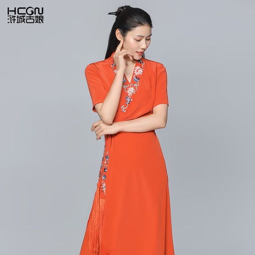 Hucheng Gu Niang Sommer High-End Light Luxury Chinesischer Stil Damen Essigsäure Taille-Hub-Langrock Futai Kleid BMT11303 Orange S