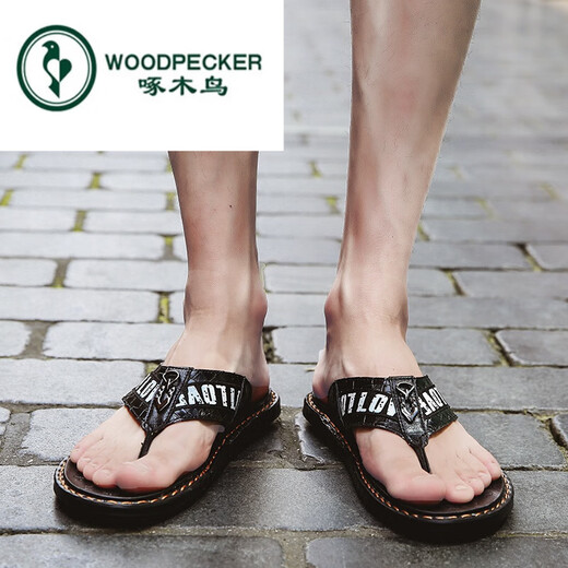 
Woodpecker brand flip flops men 2022 summer men's slippers genuine leather sandals trendy non-slip outdoor sandals outside the beach 16886 black and red 38