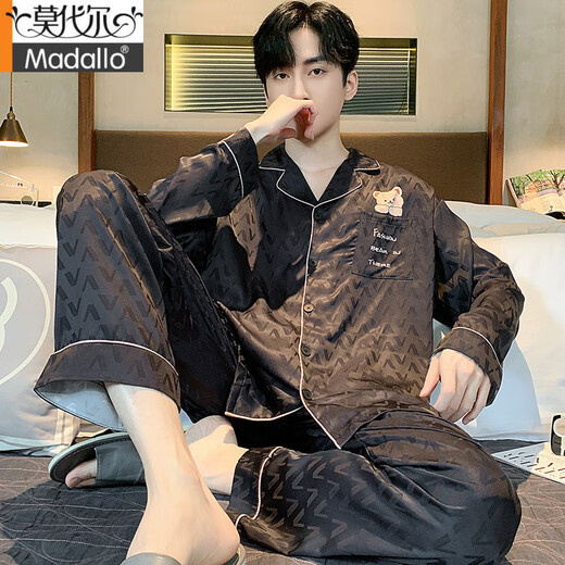Modal light luxury pajamas for men spring and autumn summer ice, thin silk long sleeve trousers loose large size silk 2025 new set 838# V-shaped bear-Mist gray [Grey silk] 2XL [150-180Jin[Jin equals 0.5 kg]]