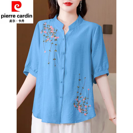 皮尔卡丹（pierre cardin）夏季中袖棉麻上衣女2025新款国风刺绣女士衬衫妈妈装宽松亚麻小衫 粉色-694 M 【约108斤内】