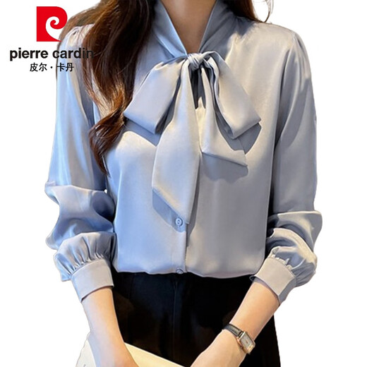 皮尔卡丹（pierre cardin）杭州真丝衬衫女长袖春装新款法式蝴蝶结衬衣感抗皱桑蚕丝上衣 杏色9276款 XL :115-125斤