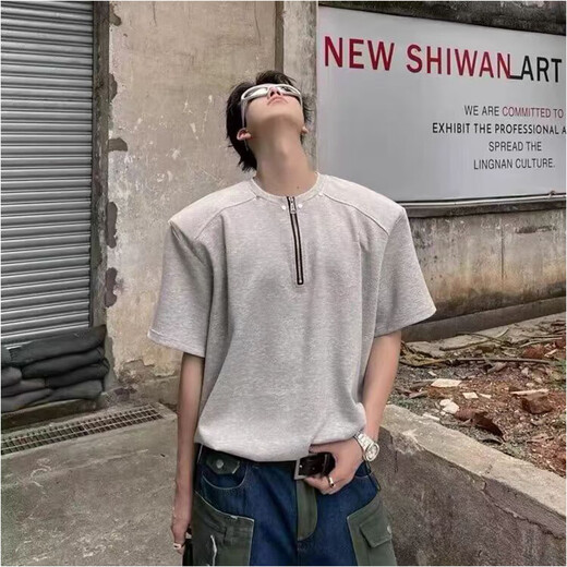 迪伽达美式半拉链垫肩短袖t恤男春夏季cleanfit高级设计感小众百搭t恤男 WYXS-T13黑色 XL