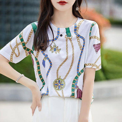 HMRSV桑蚕丝短袖T恤女2025夏季新款休闲时尚设计感凉感马家印花上衣潮 链条印花834 XL