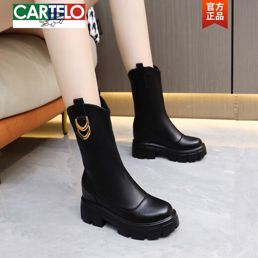 卡帝乐鳄鱼（CARTELO）内增高马丁靴女中筒2025新款厚底小个力靴冬季真皮长靴瘦瘦靴 高筒(单内里) 6627无拉链 37