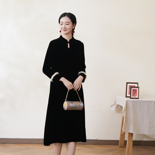 Bu Fu New Chinese Style Black Velvet Double Button Drop Collar Cheongsam 2026 New Spring Slim Long Sleeve Women's Clothing Black Velvet M