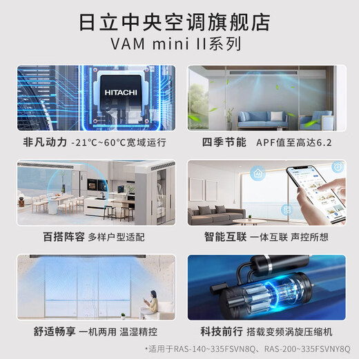 Hitachi (HITACHI) central air conditioner six horsepower one to four/five multi-online embedded inverter air conditioner first-class energy efficiency VAMmini II series Tianlu ground water 8 horsepower first-class energy efficiency one to seven 224 suitable for five rooms and two living rooms