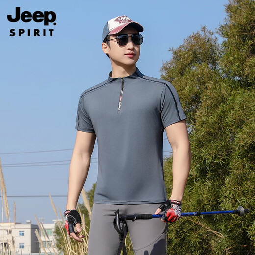 Jeep (JEEP) outdoor mountaineering hiking short-sleeved ice silk quick-drying T-shirt men's sports morning running half-zip quick-drying clothing cycling suit summer AJ71 Chinese army green cool short-sleeved L recommended 100/120Jin Jin equals 0.5 kg