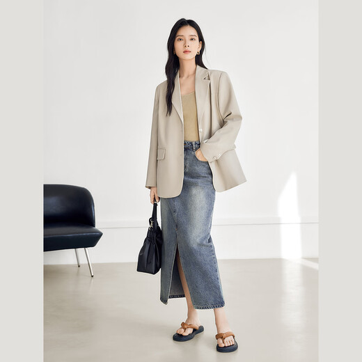 Dialogue (DUIBAI) old money style classic suit jacket for women 2026 spring new style loose H-shaped high-end temperament commuter suit Khaki M